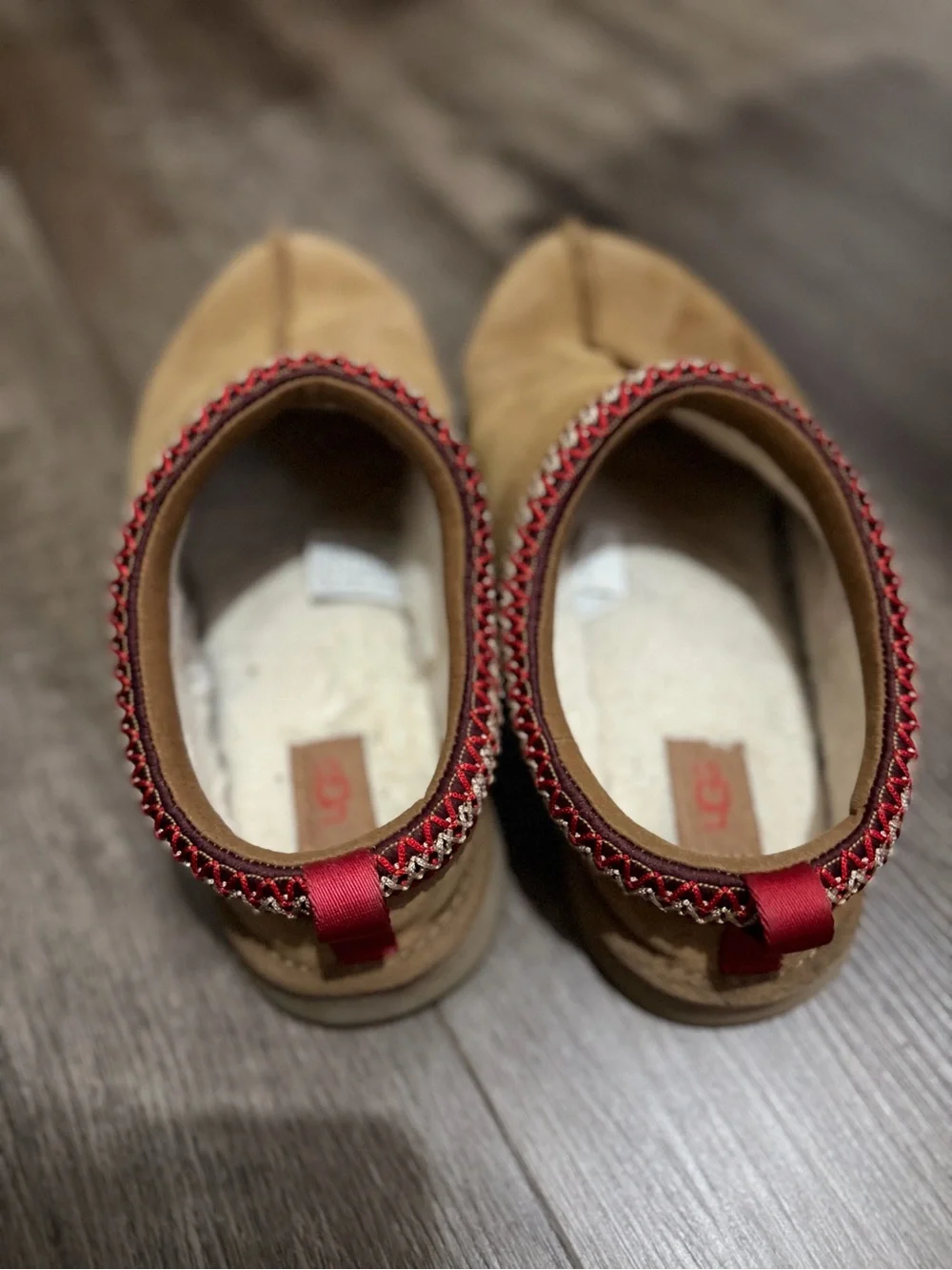 UGG Kids Suede Slip-On Clog in Chestnut with Red Trim